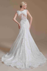 Crew Neck White Lace Long Wedding Dress with Cap Sleeves