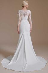 Lace Crew Neck White Mermaid Wedding Dress with Long Sleeves