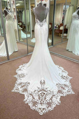 Backless V-Neck White Appliqued Wedding Dress with Train