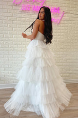 A-line Strapless Pleated Multi-Layers Tulle Long Prom Dress