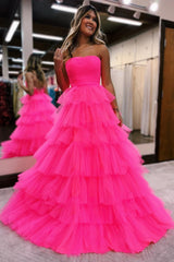 A-line Strapless Pleated Multi-Layers Tulle Long Prom Dress