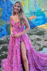 Princess Hot Pink V-Neck Floral Tulle Long Prom Dress with Slit