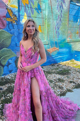 Princess Hot Pink V-Neck Floral Tulle Long Prom Dress with Slit