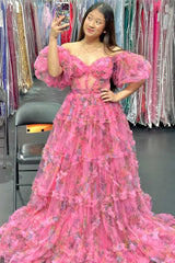 Off the Shoulder Hot Pink Floral Print A-Line Long Prom Dress