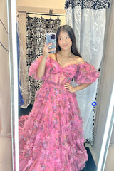 Off the Shoulder Hot Pink Floral Print A-Line Long Prom Dress