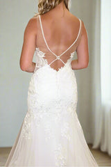 Plunging Neck Applique Mermaid Wedding Dress with Illusion Neck