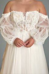 Off the Shoulder Applique Wedding Dress with Long Sleeves