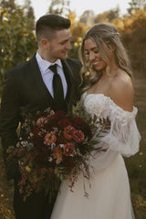 Off the Shoulder Applique Wedding Dress with Long Sleeves