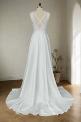 Plunging-Neck Satin Wedding Dress with Cross Back
