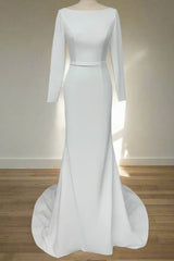 Long Sleeves Satin Wedding Dress with Crew-Neck