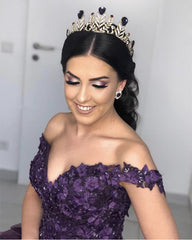 Floral Lace Flowers Off Shoulder Organza Prom Dress Ball Gowns