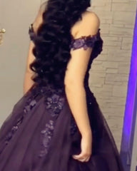 Floral Lace Flowers Off Shoulder Organza Prom Dress Ball Gowns