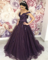 Floral Lace Flowers Off Shoulder Organza Prom Dress Ball Gowns