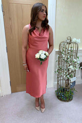 Formal Wear Dresses/Cowl Neck Ivory Sheath Tea Length Bridesmaid Dress