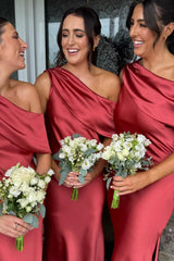 Formal Wear Dresses/One Shoulder Blush Fitted Floor Length Bridesmaid Dress