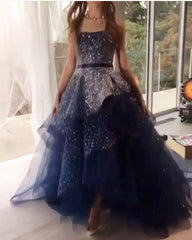 Fully Beading Strapless Navy Blue Ball Gown Prom Dresses
