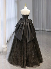 Glitter A-Line Sweetheart Neck Tulle Satin Ballgown Black Long Prom Dress Sparkly Evening Dress