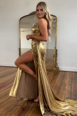 Aimishang Gold Mermaid Strapless Long Prom Dress with Slit Charming Evening Party Dress