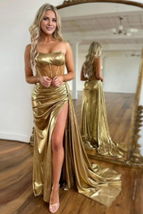 Aimishang Gold Mermaid Strapless Long Prom Dress with Slit Charming Evening Party Dress