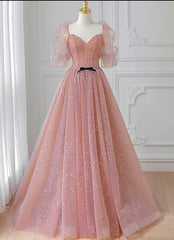 Pink Tulle Beautiful Puffy Sleeves Long Prom Dress A-line Evening Dresses Charming Wholesale