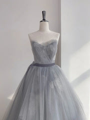 Gray tulle lace long prom dress sweet 16 dress A Line Off Shoulder december wedding guest dress