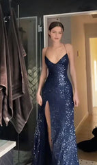 Aimishang Elegant Gowns Evening Dresses Navy Blue Sequin Prom Dress Spaghetti Strap Slit Party Dress