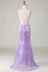 Sparkly Mermaid Spaghetti Straps Purple Corset Prom Dress with Slit Beautiful