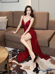 Aimishang Sexy Mermaid Sleeveless Long Prom Dress Sparkly Evening Party Dress with Slit Fashion Women's Dresses