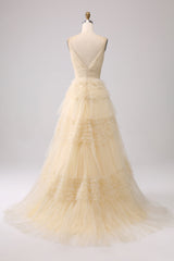 A Line Tulle Spaghetti Straps Sweetheart Prom Dress Floor Length With Slit