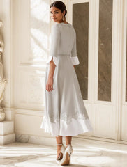 Aimishang A-Line V Neck Wedding Guest Mother of the Bride Dress Elegant Tea Length Half Sleeve with Appliques