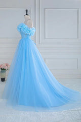Elegant Prom Dresses Off The Shoulder Tulle A Line Slit With Flowers Floor Length Solid Color