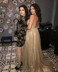 Glitter Tulle Prom Dresses V Neck Spaghetti Straps