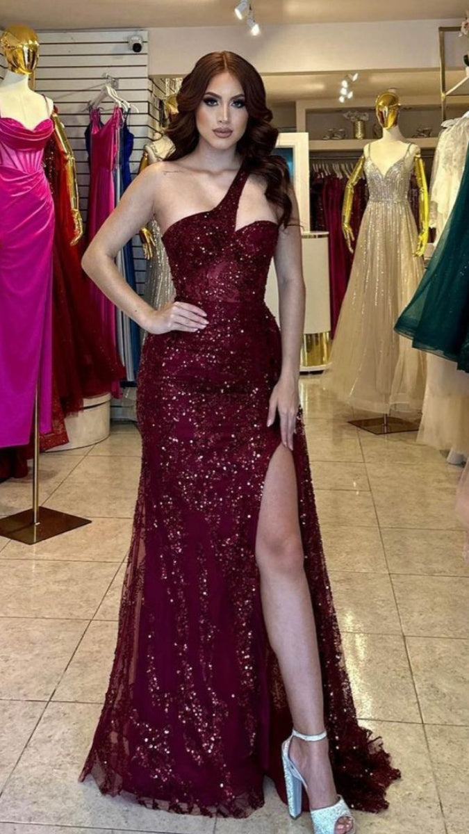 Glitter Burgundy Sequin Prom Dress, Slit Sexy Party Dress,AST1720