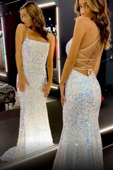 2024 Mermaid White Iridescent Prom Dress Sequin Sparkly Evening Gown Backless