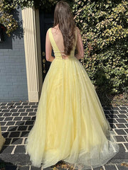 A-Line/Princess V-Neck Floor-Length Prom Dresses Open Back