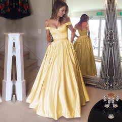 Gold Satin V Neck Long Prom Dresses Ball Gowns Off The Shoulder