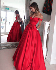 Gold Satin V Neck Long Prom Dresses Ball Gowns Off The Shoulder