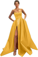 Womens Long Strapless Satin Prom Dress Sleeveless Slit Evening Ball Gown Off Shoulder Party Dress Wholesale