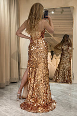 Golden Mermaid Spaghetti Straps Sparkly Sequin Prom Dress With Slit Sexy