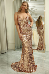 Golden Mermaid Spaghetti Straps Sparkly Sequin Prom Dress With Slit Sexy