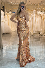 Golden Mermaid Spaghetti Straps Sparkly Sequin Prom Dress With Slit Sexy