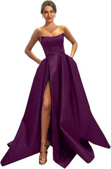 Womens Long Strapless Satin Prom Dress Sleeveless Slit Evening Ball Gown Off Shoulder Party Dress Wholesale