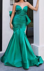 Green Strapless Mermaid Prom Dresses, Pleated Evening Party Dress With Bowknot,AST1714