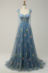 A Line Spaghetti Straps Corset Long Prom Dress With Embroidery Floor Length With Flowers