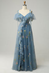 A-Line V-Neck Spaghetti Straps Embroidery Grey Blue Long Prom Dress with Slit Sexy