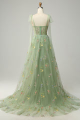 A Line Spaghetti Straps Corset Long Prom Dress With Embroidery Floor Length With Flowers