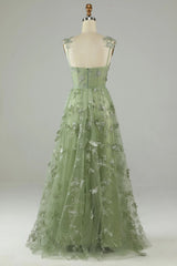 Green Long Tulle Prom Dress with 3D Butterflies Beautiful Formal Dress Charming Evening Party Dress