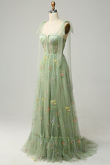 A Line Spaghetti Straps Corset Long Prom Dress With Embroidery Floor Length With Flowers
