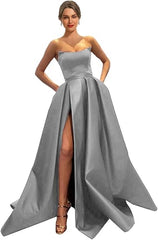 Womens Long Strapless Satin Prom Dress Sleeveless Slit Evening Ball Gown Off Shoulder Party Dress Wholesale