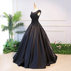 Black Satin Long Party Dress Evening Gown A Line Floor Length Prom Dress Elegant